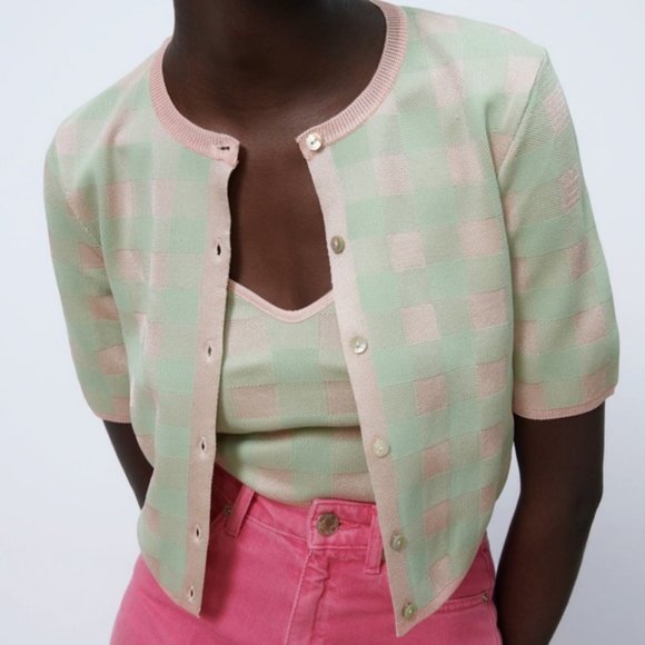 Zara Sweaters - Zara | Pastel Gingham Short Sleeve Cropped Knit Cardigan Size L